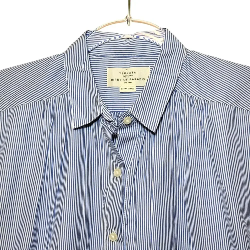 Travota Marianne NWT Birds of Paradise Button Ruffle Shirt Blue White Cotton XS - Picture 5 of 14
